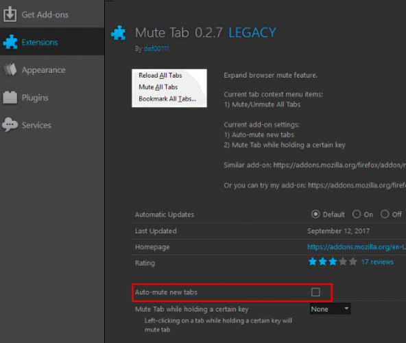 Параметры расширения Mute Tab в Firefox