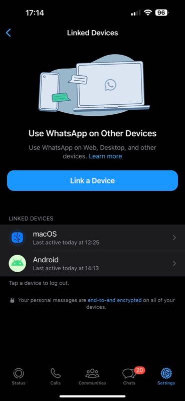 Опция «Связанные устройства» в WhatsApp на iPhone