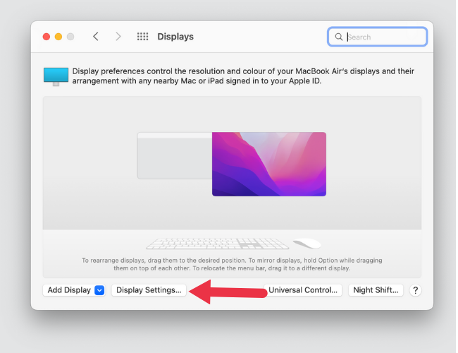 Кнопка «Настройки дисплея» в macOS