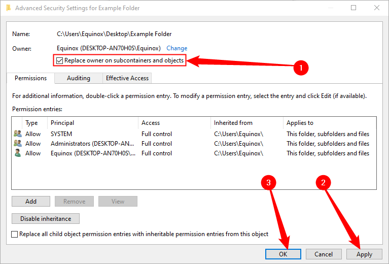 Отметьте «Заменить владельца у подконтейнеров и объектов», затем «Применить» и «ОК».