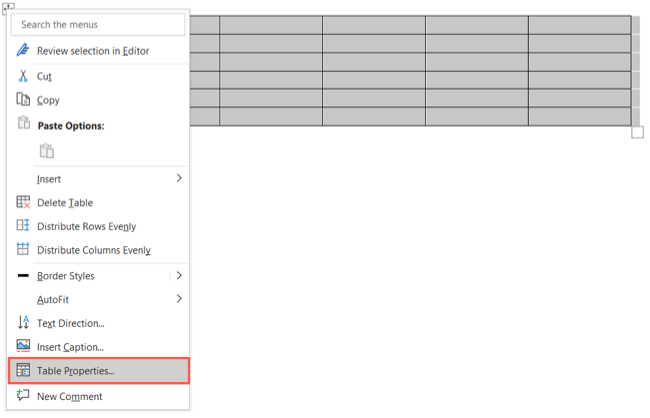 Пункт 'Свойства таблицы' в контекстном меню таблицы