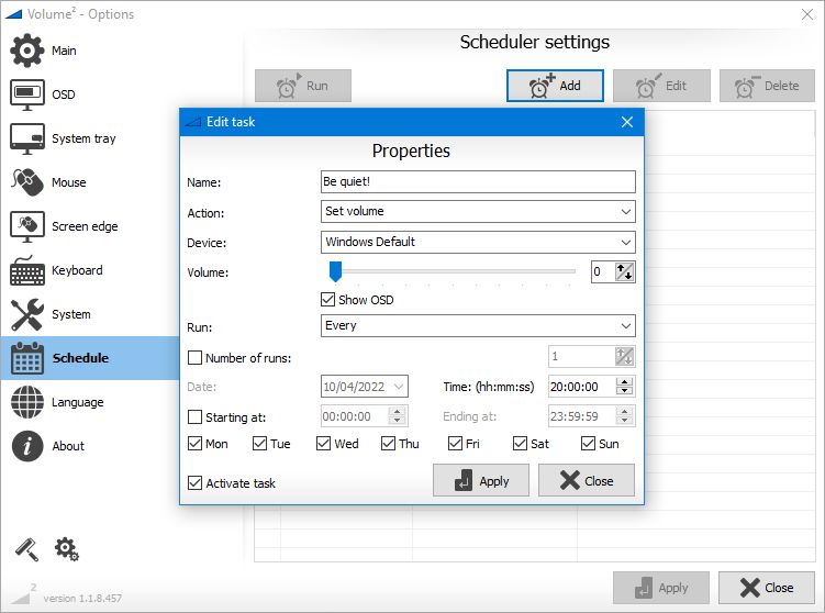 интерфейс Volume² с настройками планировщика