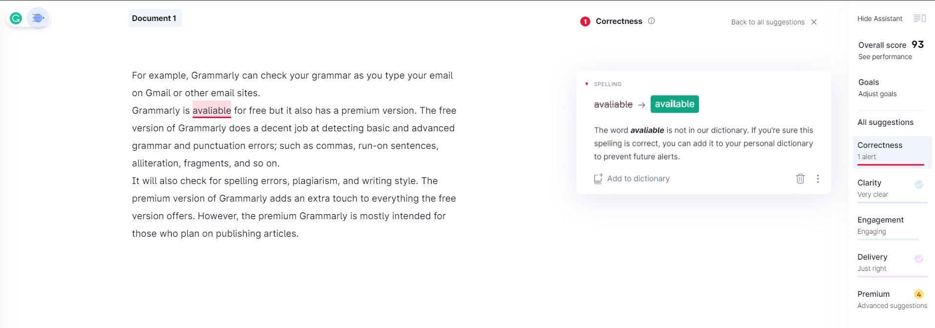 Пример интерфейса Grammarly с подсказками и ошибками
