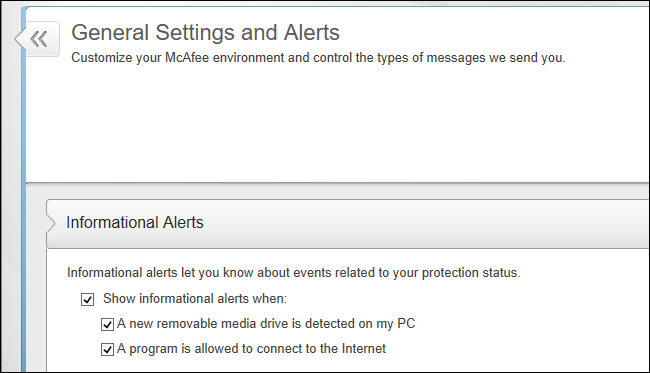 Настройки оповещений McAfee — Informational и Protection Alerts