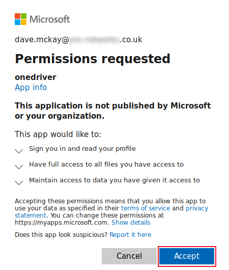 onedriver permissions screen with the accept button highlghited