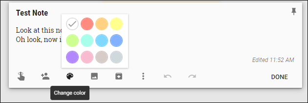 Выбор цвета заметки на веб‑версии Keep