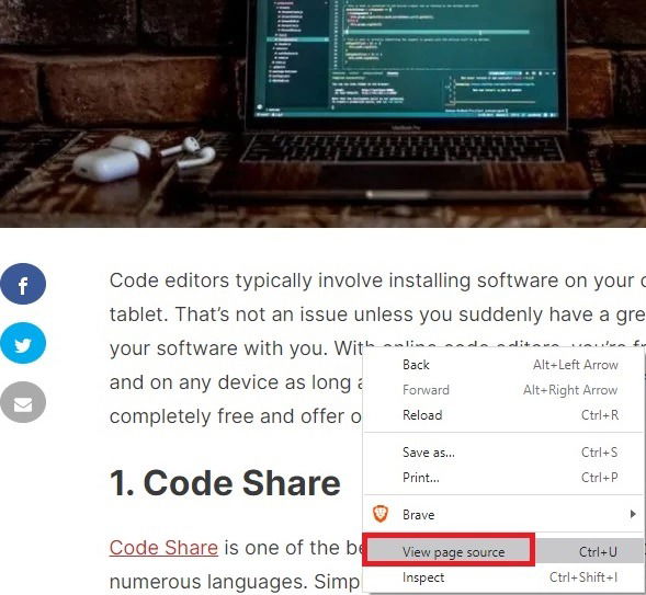 Окно с исходным кодом страницы — команда «Просмотреть код»