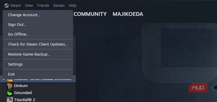 Меню Steam с выпадающим списком