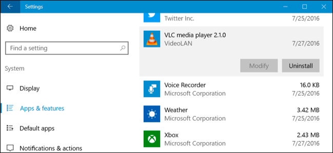 Изображение: список приложений в Параметры без ссылки