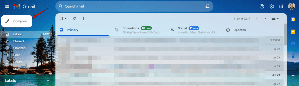 Создание нового письма в Gmail