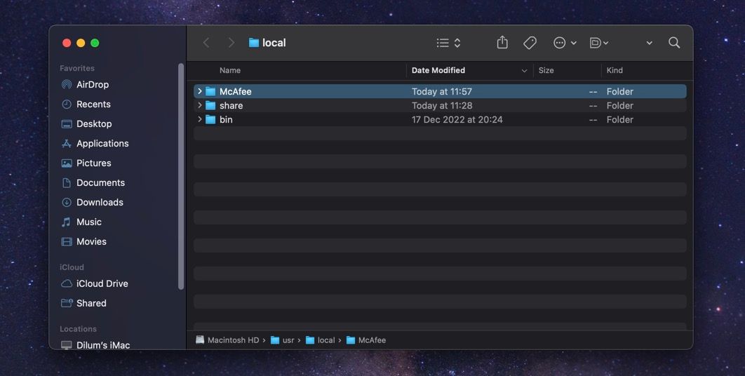 Удаление остаточных файлов McAfee в Finder.