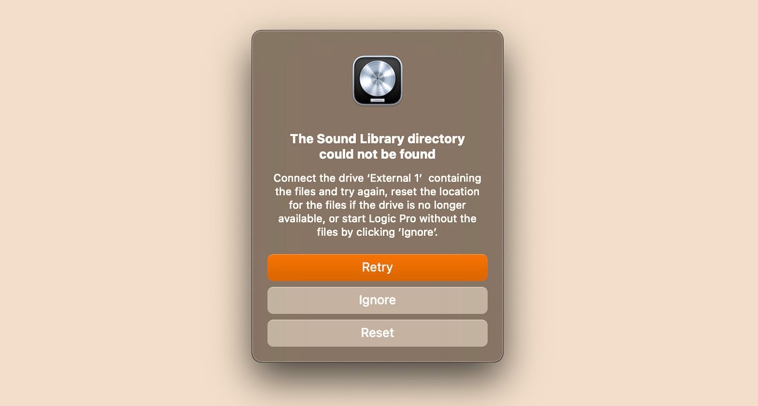 Сообщение об ошибке Logic Pro: не удаётся найти каталог библиотеки звуков