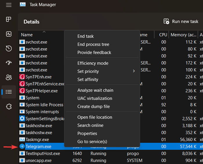 Правый клик по процессу на вкладке
