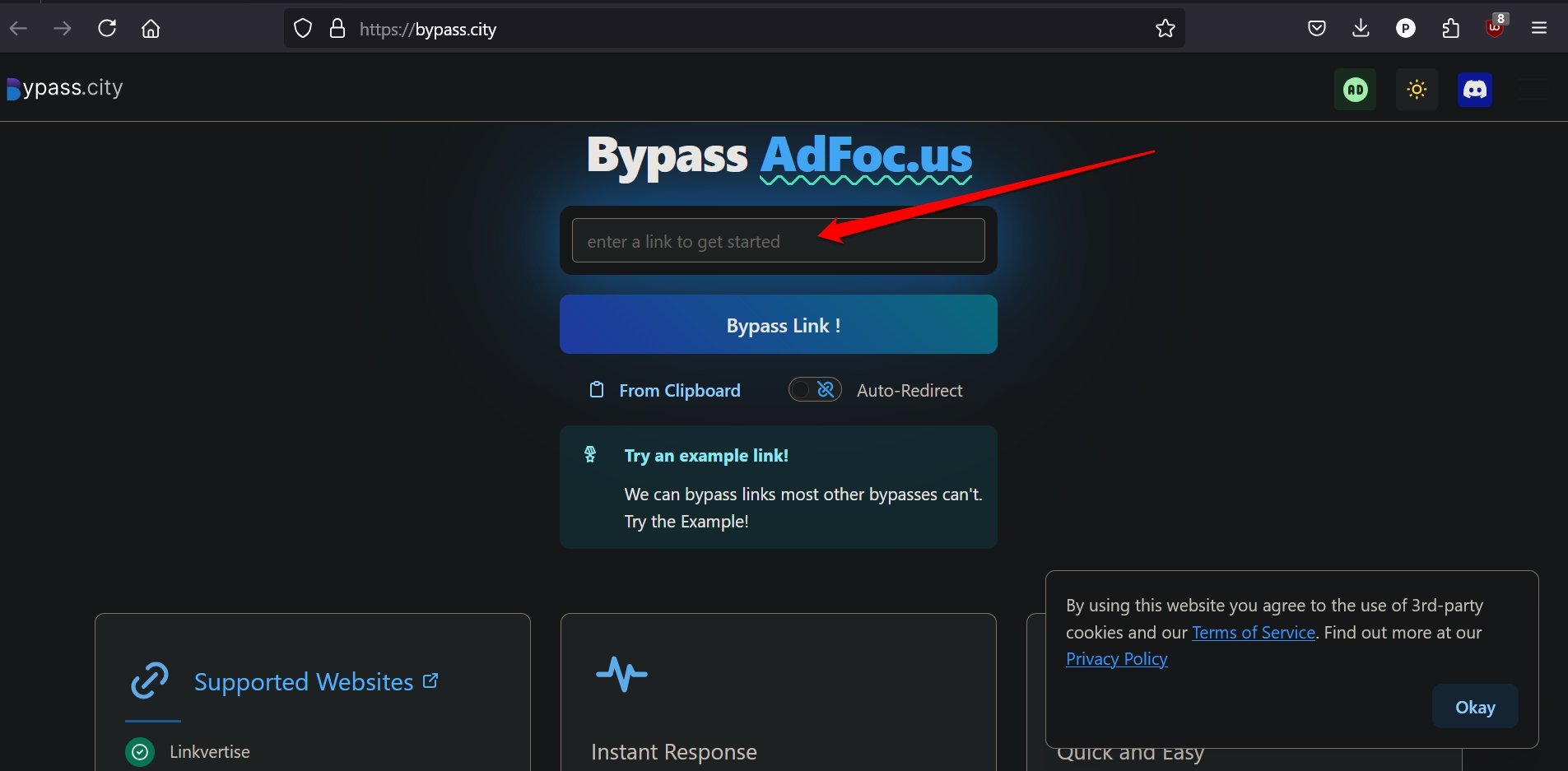 Показано вставление короткой ссылки на сайте Bypass City