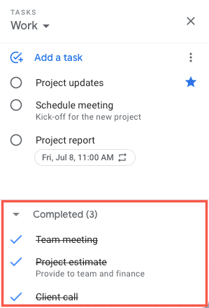 Развернутые завершённые задачи в боковой панели