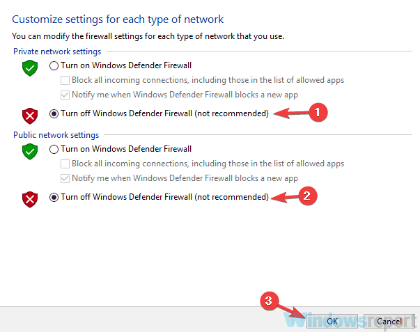Отключение брандмауэра Windows для частной и публичной сети