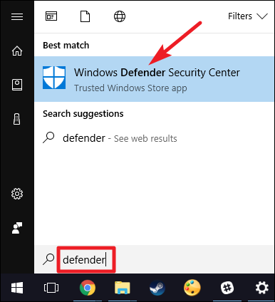 Запуск Центра безопасности Windows Defender через поиск в Пуск
