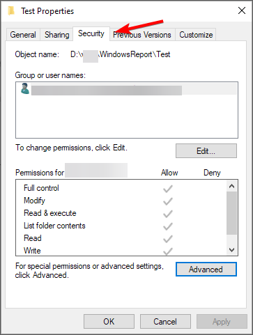 Вкладка «Безопасность» с перечнем пользователей и разрешений