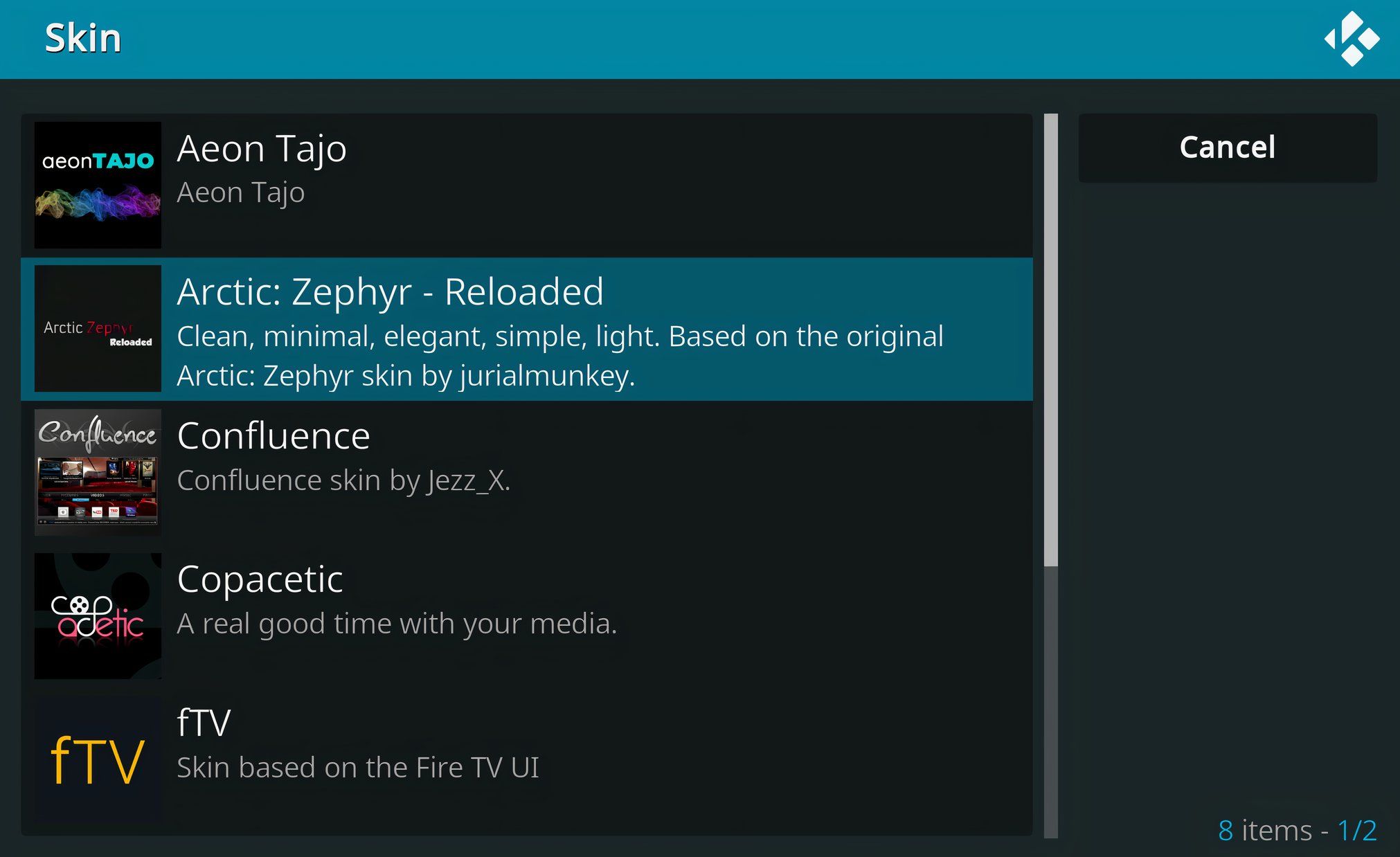 Выбор нового скина для Kodi.