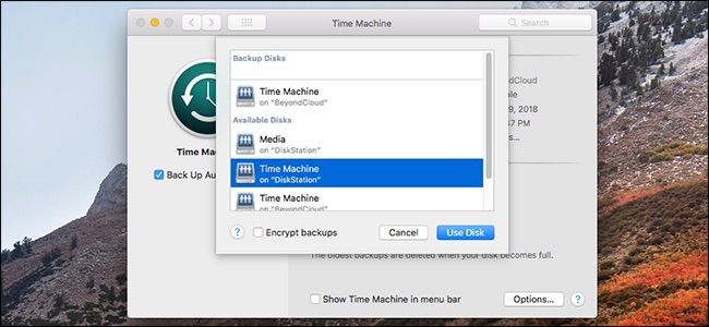 Выбор общей папки Time Machine и 'Use Disk'
