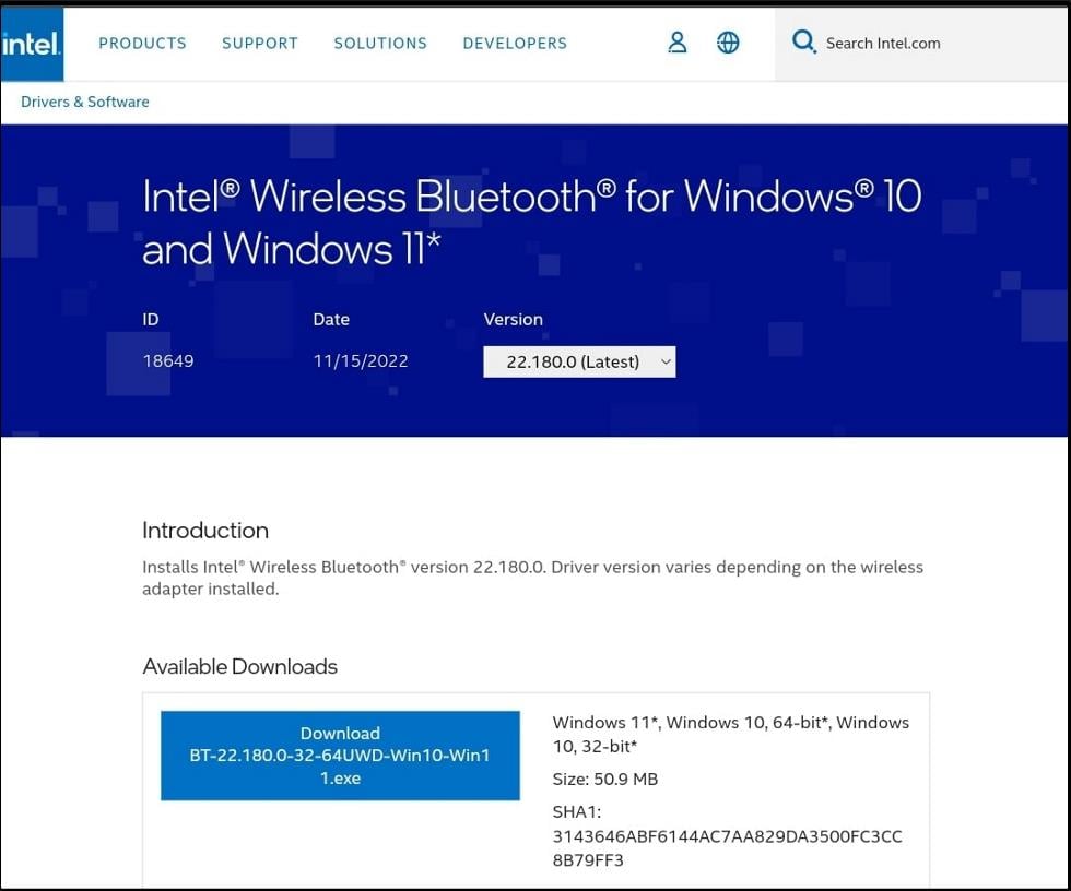 Страница загрузки драйвера Intel на сайте производителя