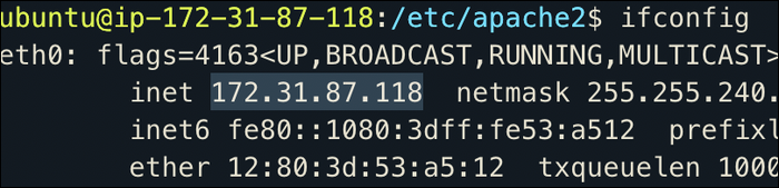 Вывод ifconfig с приватным IP-адресом интерфейса