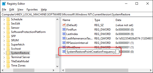 Создание нового значения DWORD в ключе SystemRestore