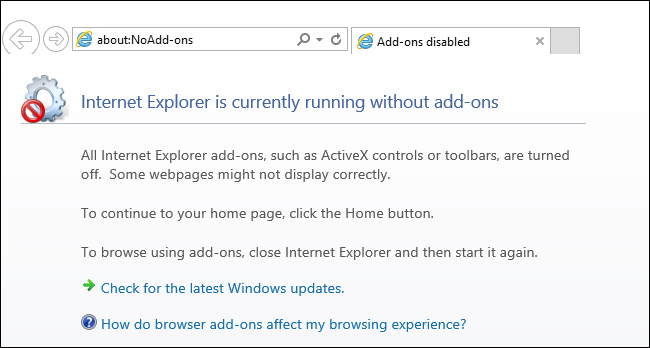 Internet Explorer: запуск без надстроек — уведомление в окне