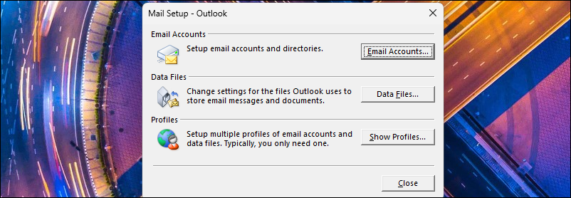 Диалог Mail Setup в Outlook на Windows 11.