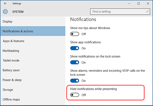 Опция скрытия уведомлений во время презентации