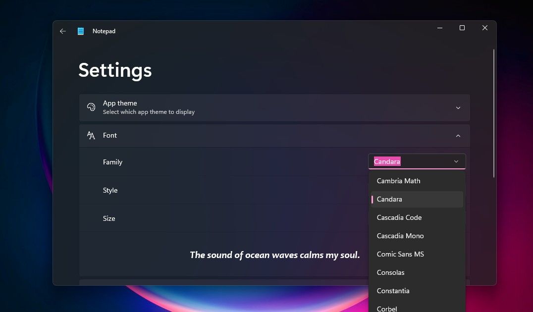 Выбранный в настройках шрифт: предпросмотр текста
