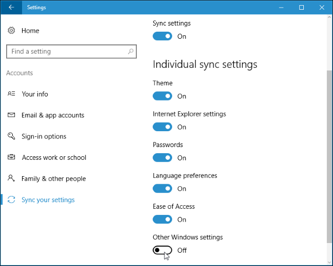 Экран настроек синхронизации в Windows 10 с выключенным параметром 'Другие параметры Windows'
