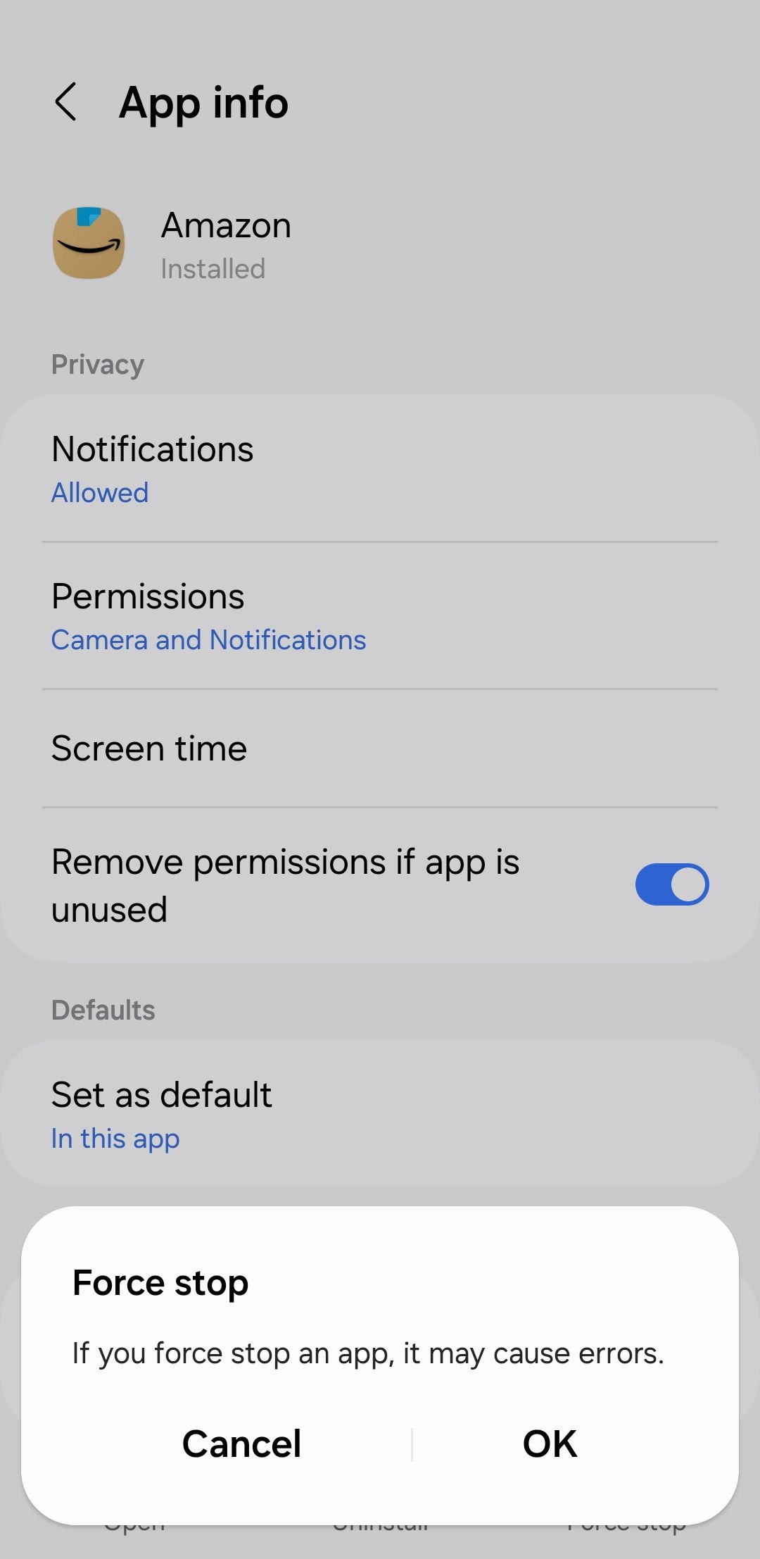 Принудительная остановка приложения Amazon в Android