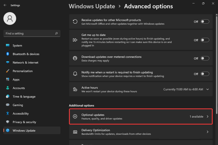 Опции дополнительных функций в Windows Update