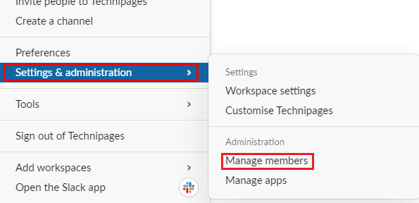 Меню Управление участниками в Slack