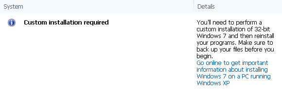 Требуется пользовательская установка при обновлении с Windows XP