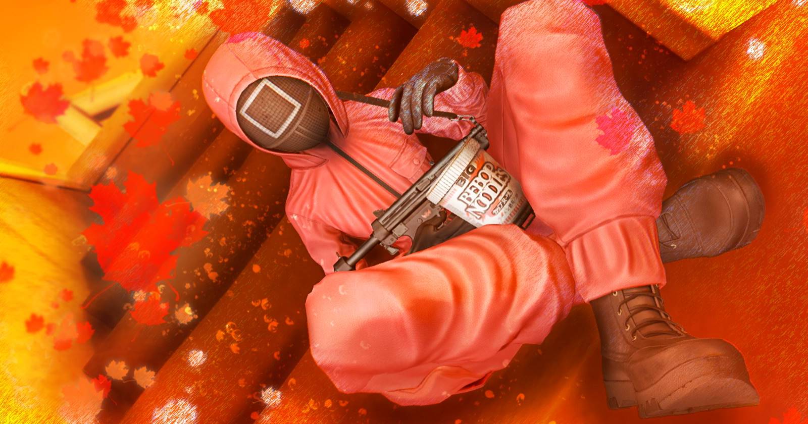 Охранник в костюме «Игры в кальмара» с маской и розовым комбинезоном