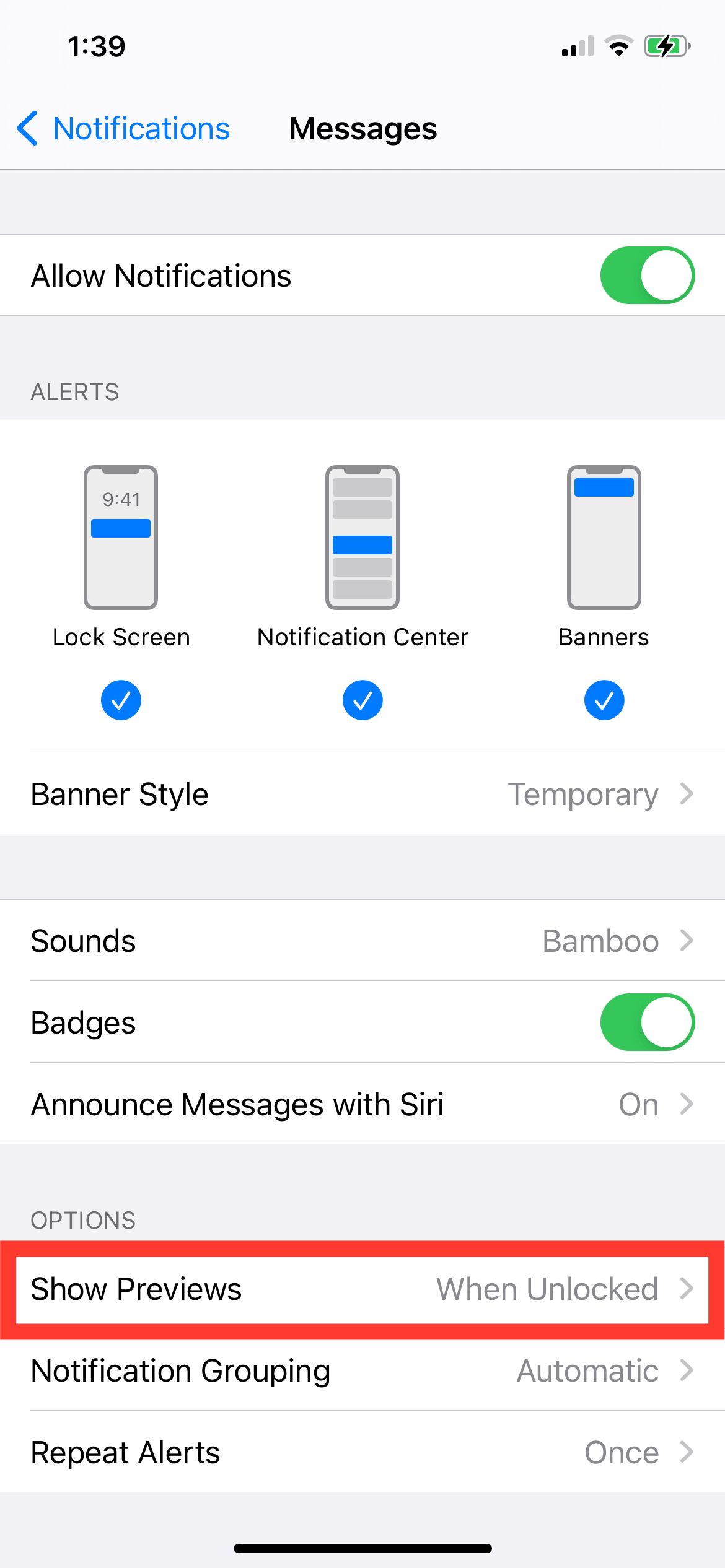 Параметры уведомлений для приложения «Сообщения»
