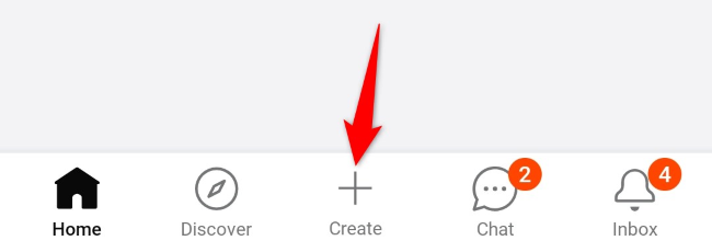 Кнопка Создать в нижней панели мобильного приложения Reddit