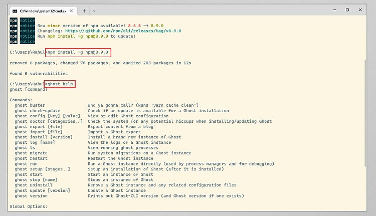 Запуск команды ghost help на Windows 10