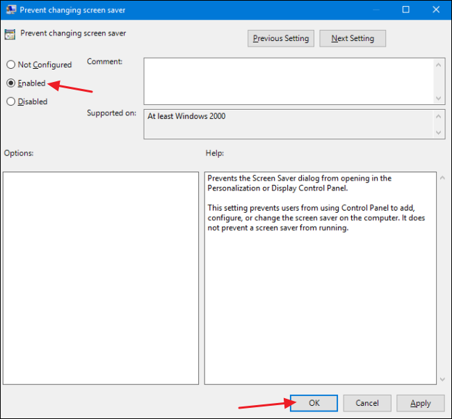 Включение параметра Prevent changing screen saver