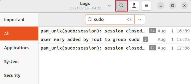 Поиск записей с sudo в GNOME Logs