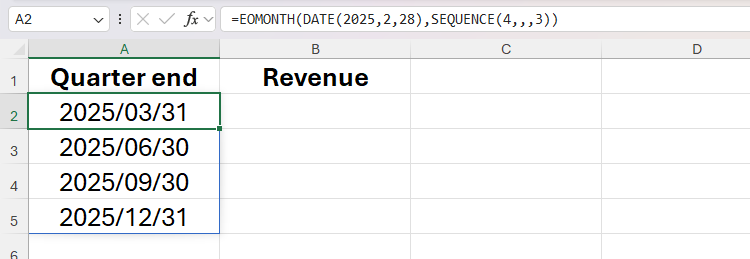 EOMONTH, DATE и SEQUENCE вместе возвращают квартальные даты конца месяца для 2025 года.