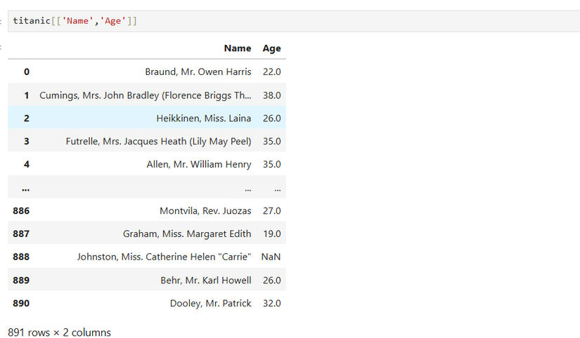 Affichage des colonnes Name et Age du DataFrame Titanic.