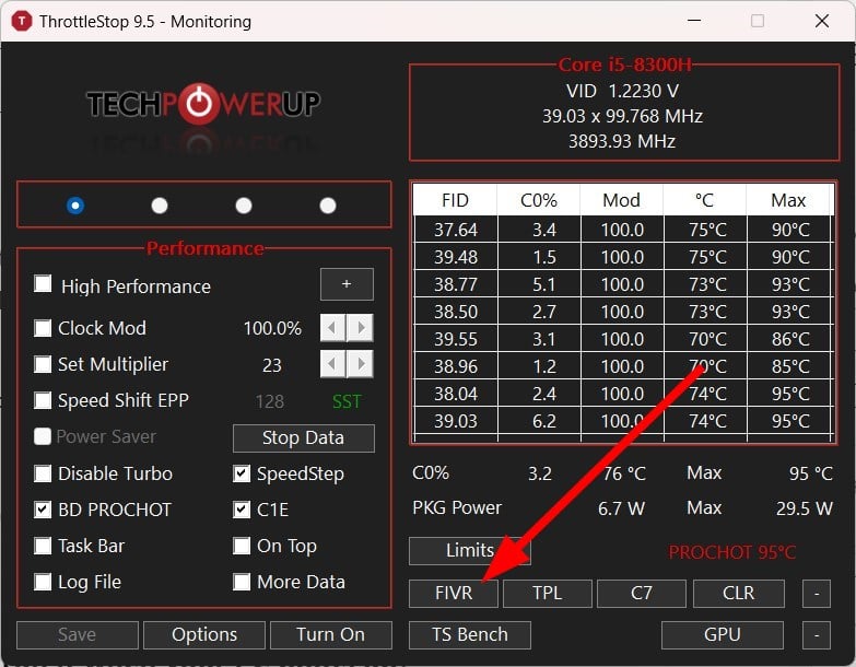 Снимок: вкладка FIVR в ThrottleStop
