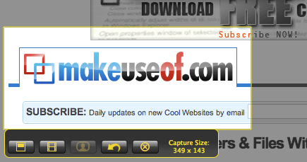 Съемка области экрана: жёлтый прицел и показ размеров в пикселях