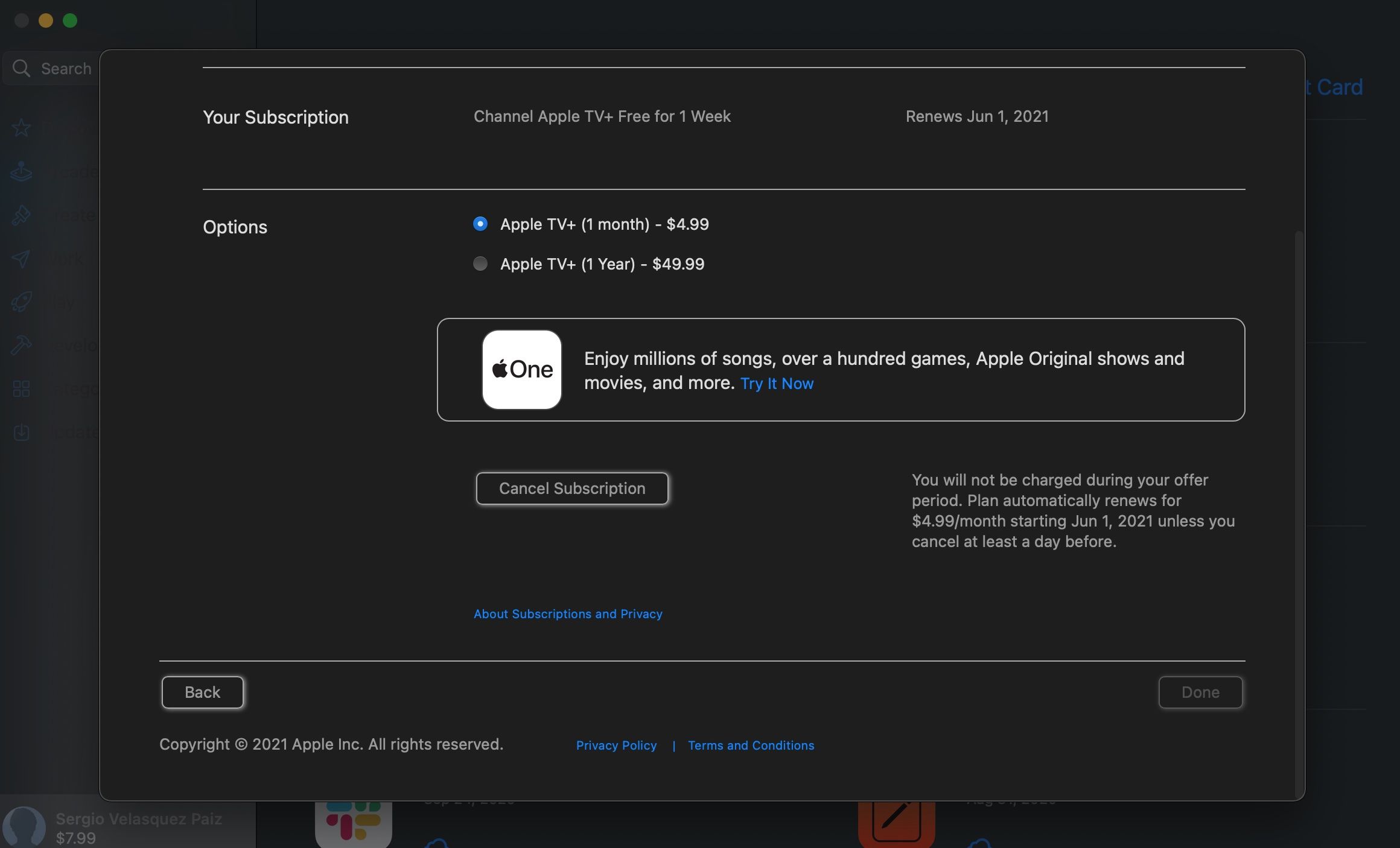 Экран отмены подписки Apple TV+ в App Store на Mac — настройки подписок