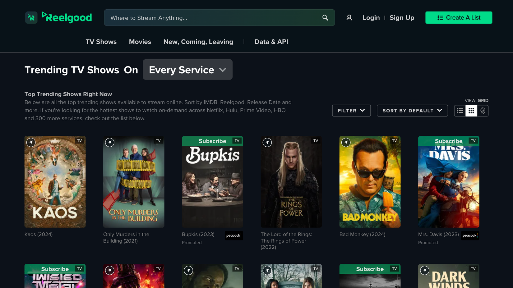 Скриншот Reelgood с выбором подписок и рекомендациями.