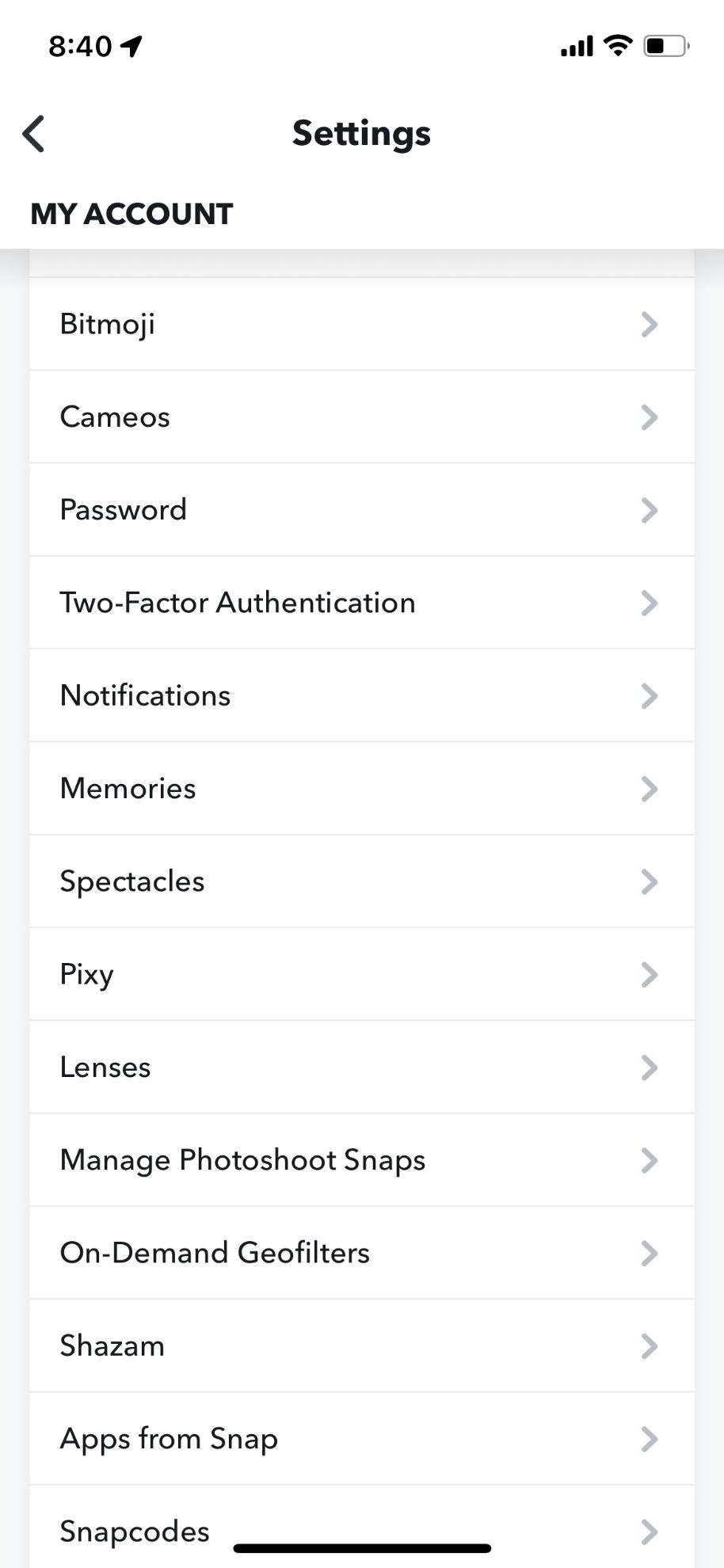 My account Settings on Snapchat