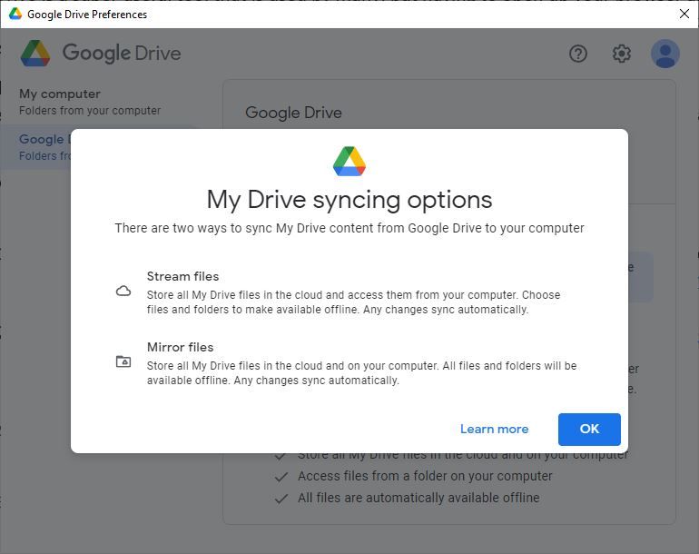 Параметры синхронизации Google Drive — скриншот
